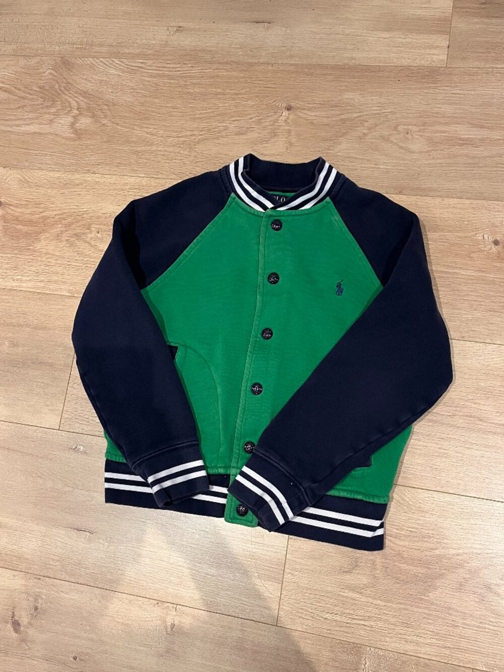 Polo Ralph Lauren Boys M 10-12 Varsity Jacket Green Navy Pony Sweatshirt Button
